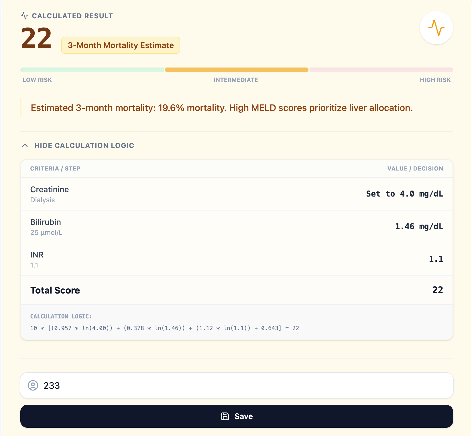 Example result with risk band